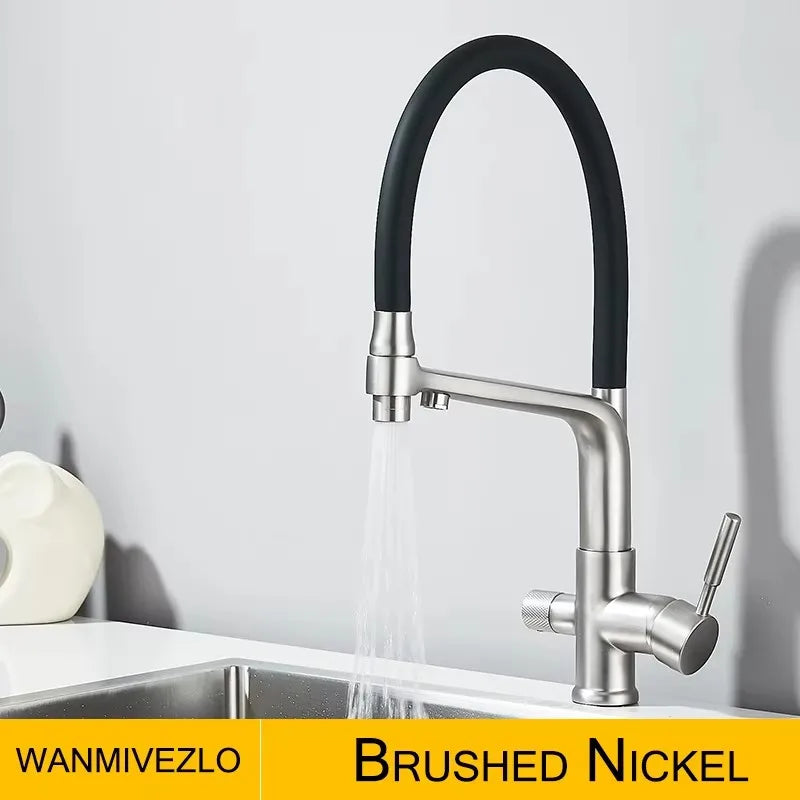 2-in-1 Filtered Kitchen Faucet, Dual Outlet Drinking Water Purifier Tap with Flexible Black Gooseneck, 360° Rotatable Single Handle Hot Cold Mixer Tap