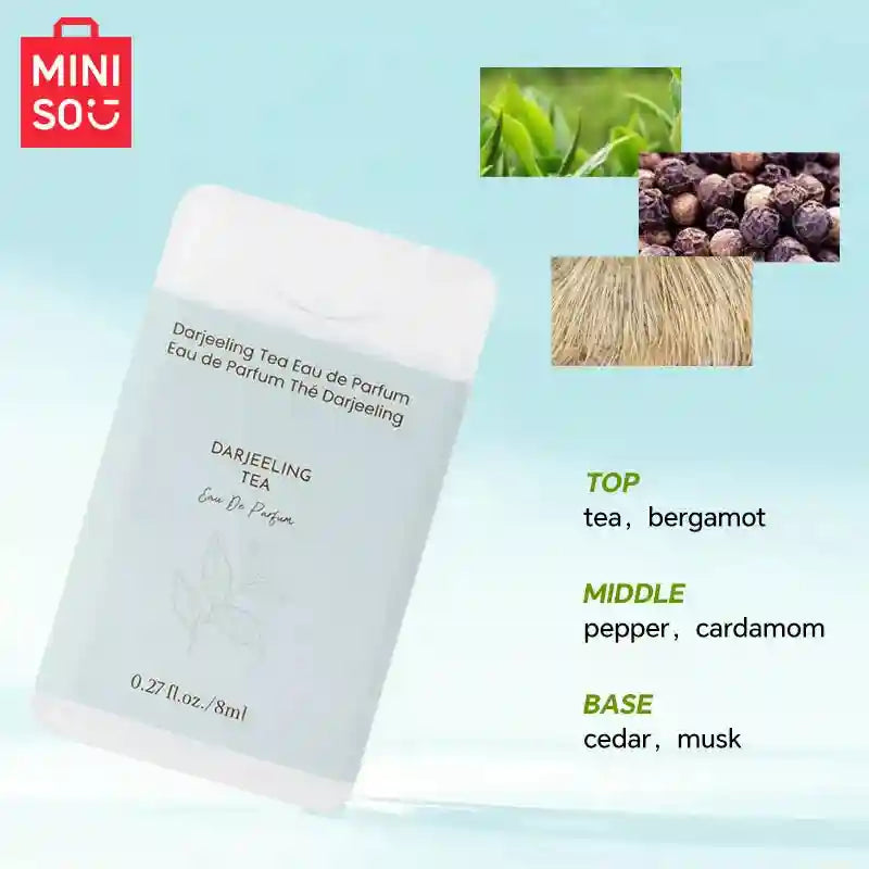 MINISO Darjeeling Tea EDP for men: 8ml portable pocket spray, woody scent with tea, pepper, and cedar notes.