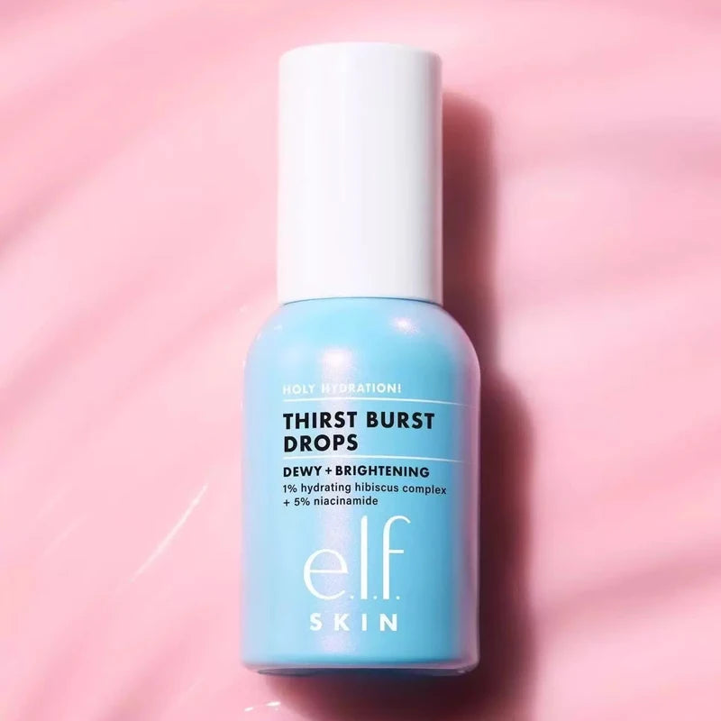 e.l.f. Skin Thirst Burst Drops in a light blue bottle with white cap for dewy, hydrating face skincare.