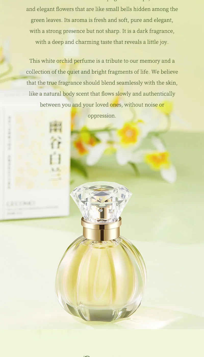 White orchid perfume in a rounded glass bottle with a faceted crystal-like cap and gold neck collar.