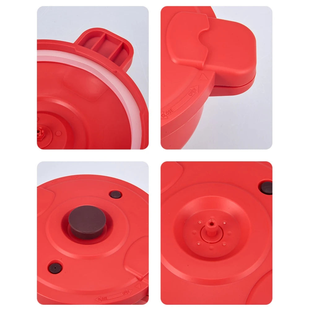 Red microwave pressure cooker close-up showing lid seal, knobs, and inner base