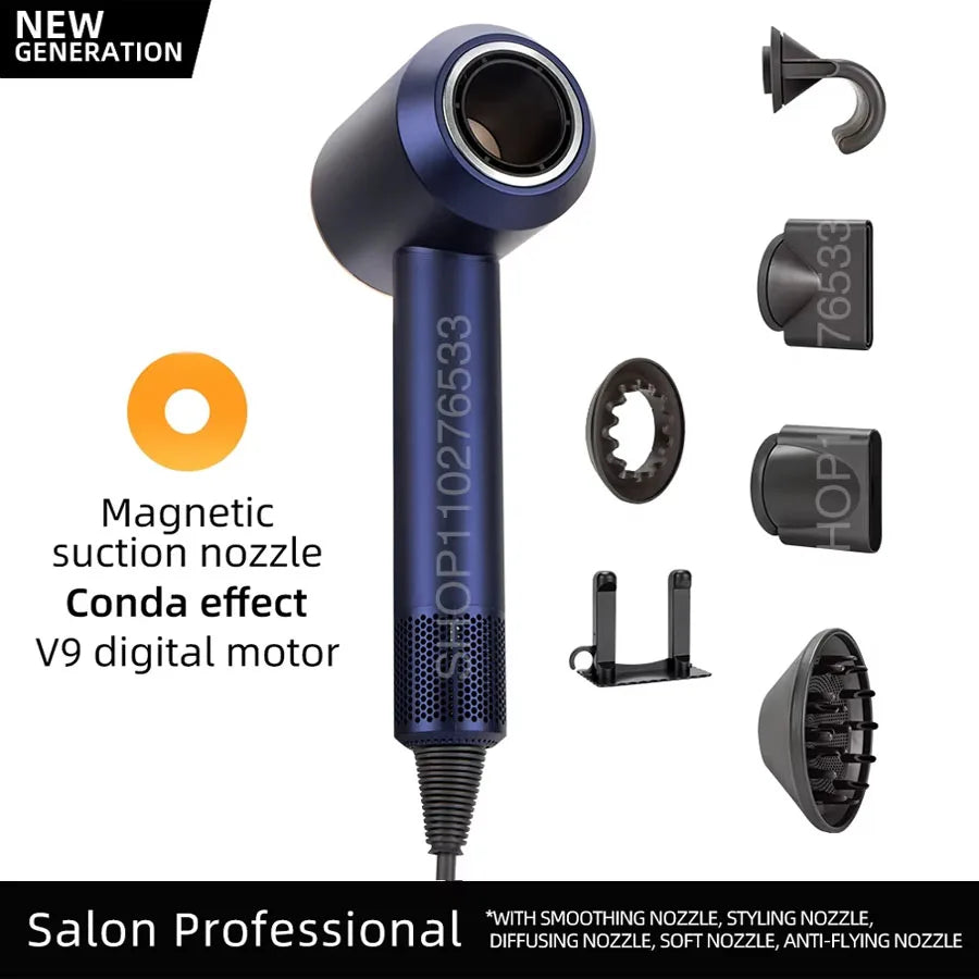 Blue ionic 5-in-1 professional hair dryer with magnetic attachments, leafless design, and powerful digital motor.