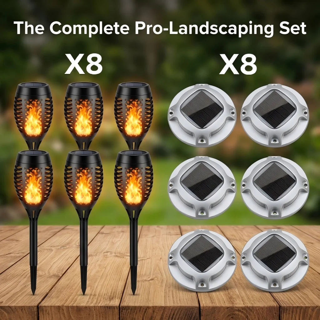 Solar Outdoor Lights Set: Flickering Flame Torch Lights & Round Warm White Ground Lights for Garden Pathway, Lawn Landscape Lighting, Waterproof LED S-Curve Path Guide Lights for Yard, Driveway, and Courtyard Night Atmosphere