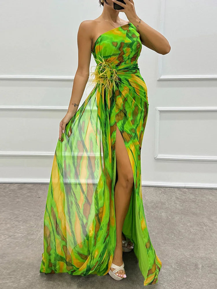 Printed Skew Collar Simple Party Dress, Women Summer Patchwork Sleeveless Elegant Maxi Dress, 2024 Backless Fashion Ladies Dress
