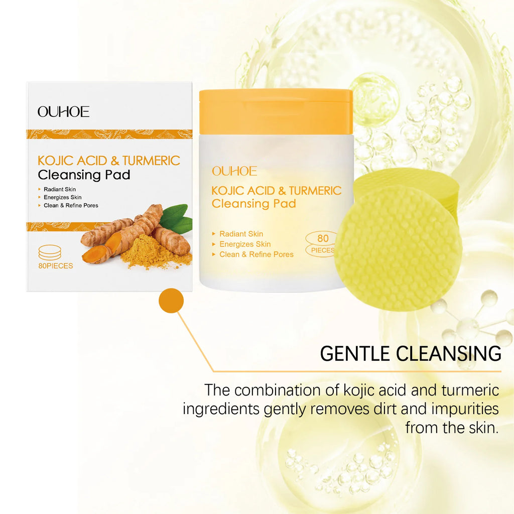 OUHOE Turmeric Kojic Acid Exfoliating Cleansing Pads Fade Dark Spot Oil Brightening Moisturizing Whitening Facial Sponges Cotton
