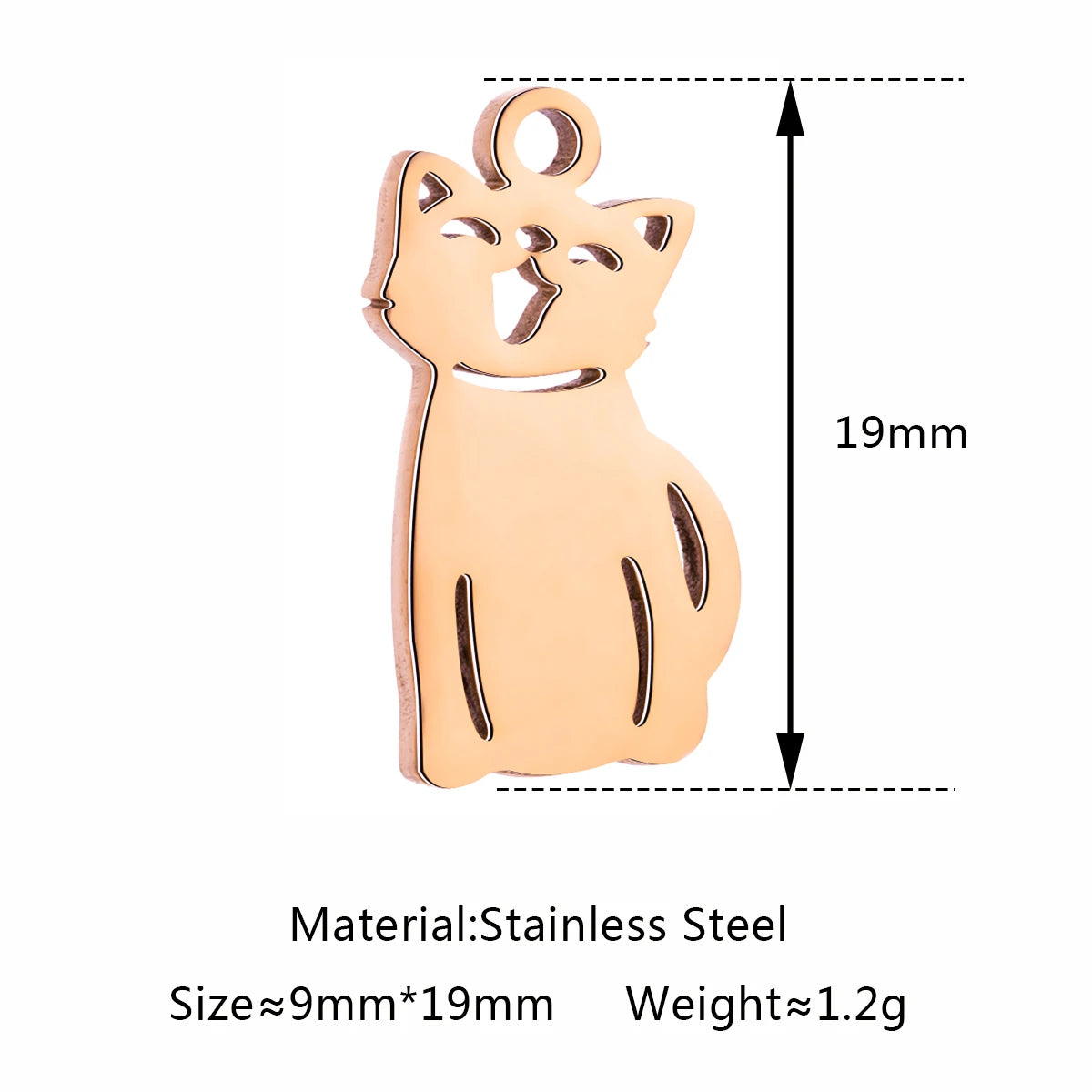 Gold stainless steel cat charm pendant (19mm) for DIY jewelry making, necklaces, and pet-themed accessories.
