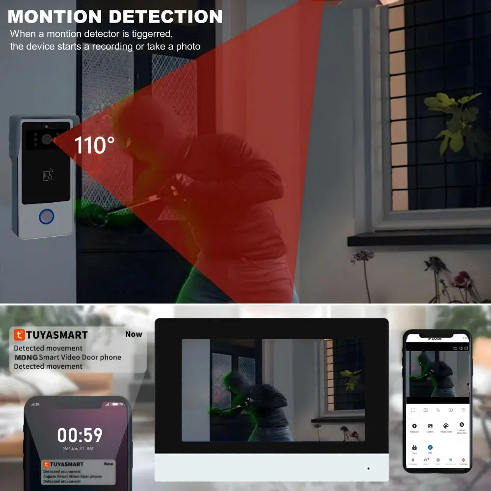 New Tuya Smart 2-wired Doorbell Wifi Video Intercom System with APP Remote IC Card Unlock 1080P 7inch Touch Screen