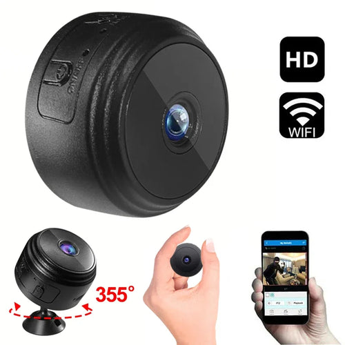 Black mini WiFi security camera, side angle with blue lens window
