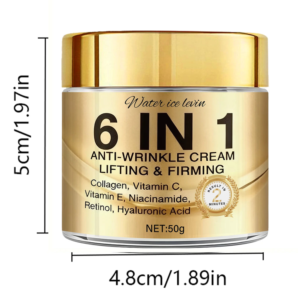 6-In-1 Anti-Wrinkle Cream. Lifts Firms Smooths Moisturizes. Collagen Vitamin C E Niacinamide Retinol Hyaluronic Acid. 50g
