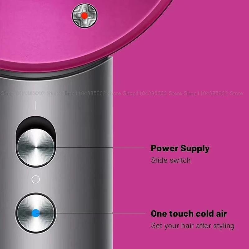 Pink leafless negative ion hair dryer with slide power switch and one-touch cold air button for quick styling.