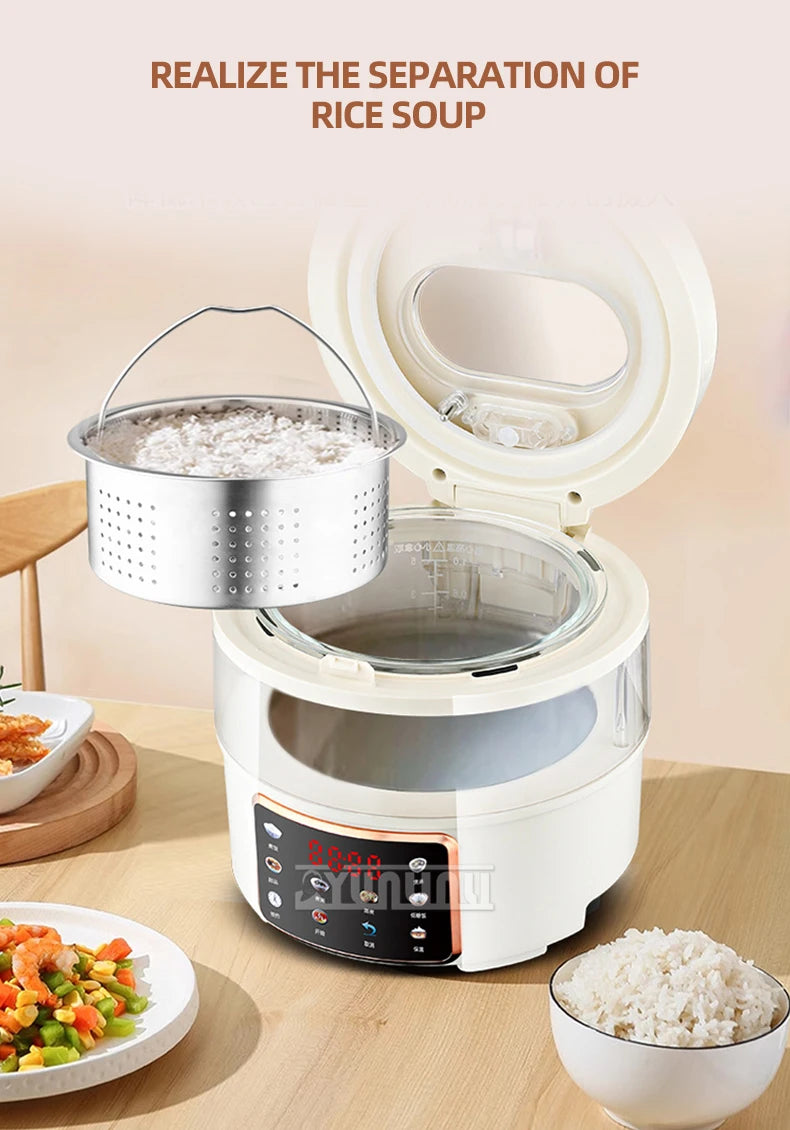 Open white rice cooker showing removable inner pot with soup separation insert