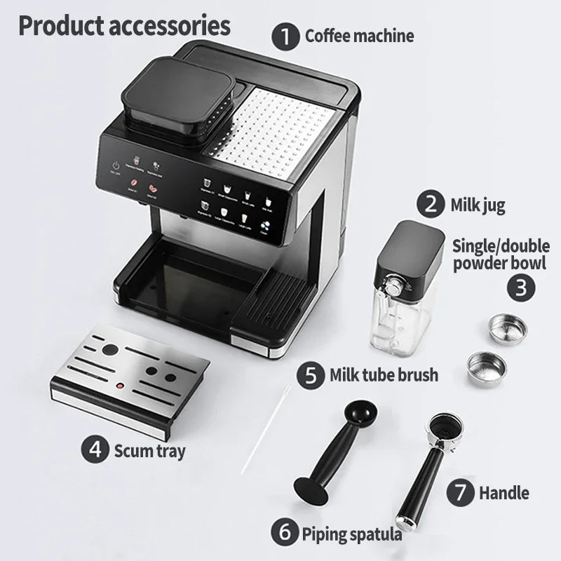 Black and stainless steel espresso coffee machine with milk jug, portafilter, and cleaning accessories on white.