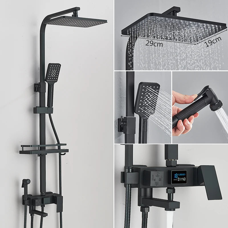 4 Ways Digital Display Shower Faucet Bathroom Thermostatic/Hot Cold Rainfall Shower Head Brass Rotate Mixers Bidet Faucet