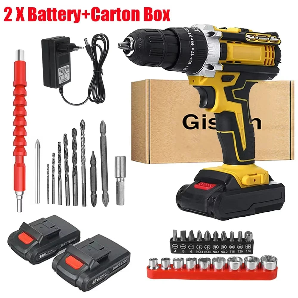 Wiredless Impact Drill Screwdriver Rechargeable Battery Cordless Hammer Drill 25+3Torque Setting Electric Screwdriver Power Tool
