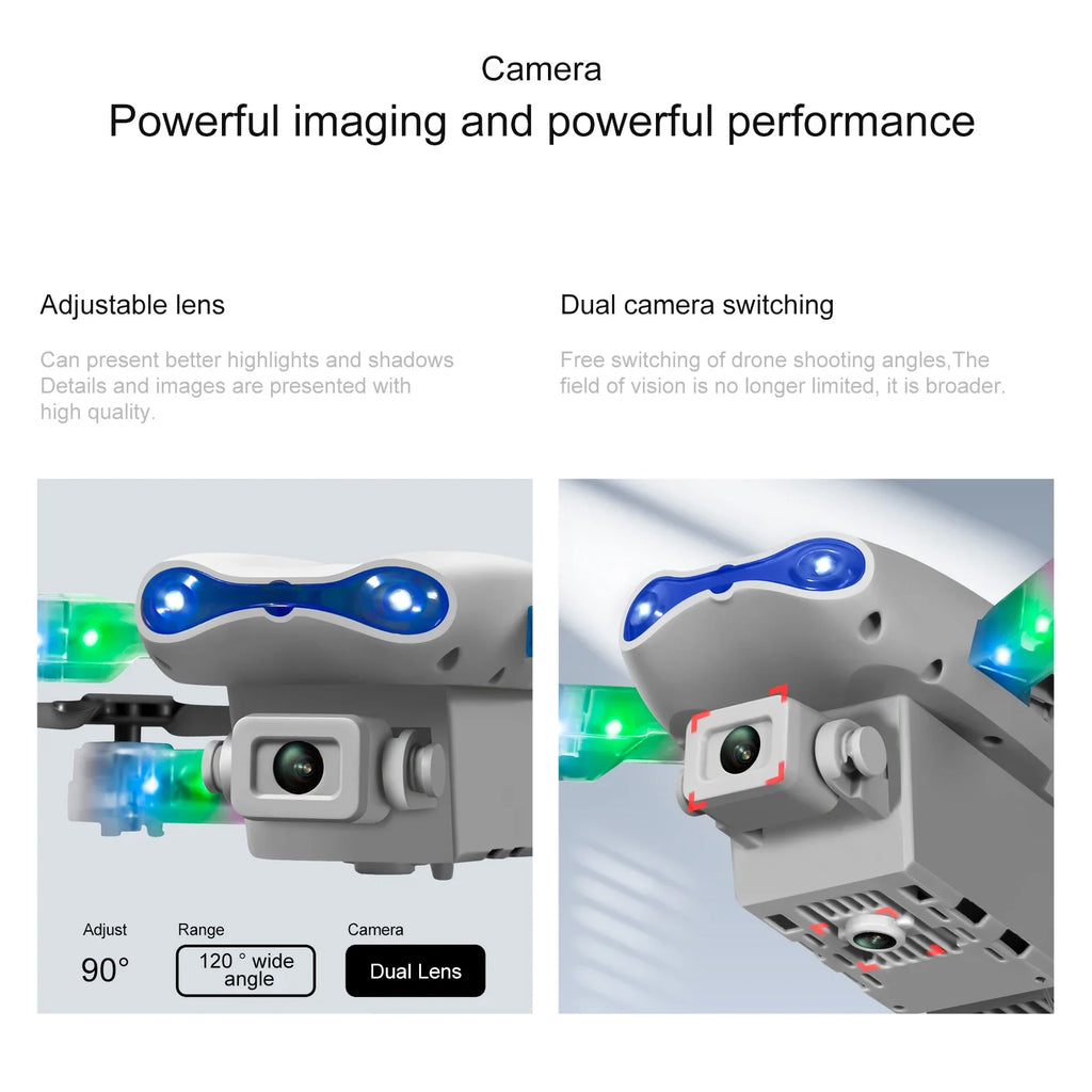 Grey dual-lens drone camera with 90-degree adjustable angle and 120-degree wide-angle view for aerial photography.