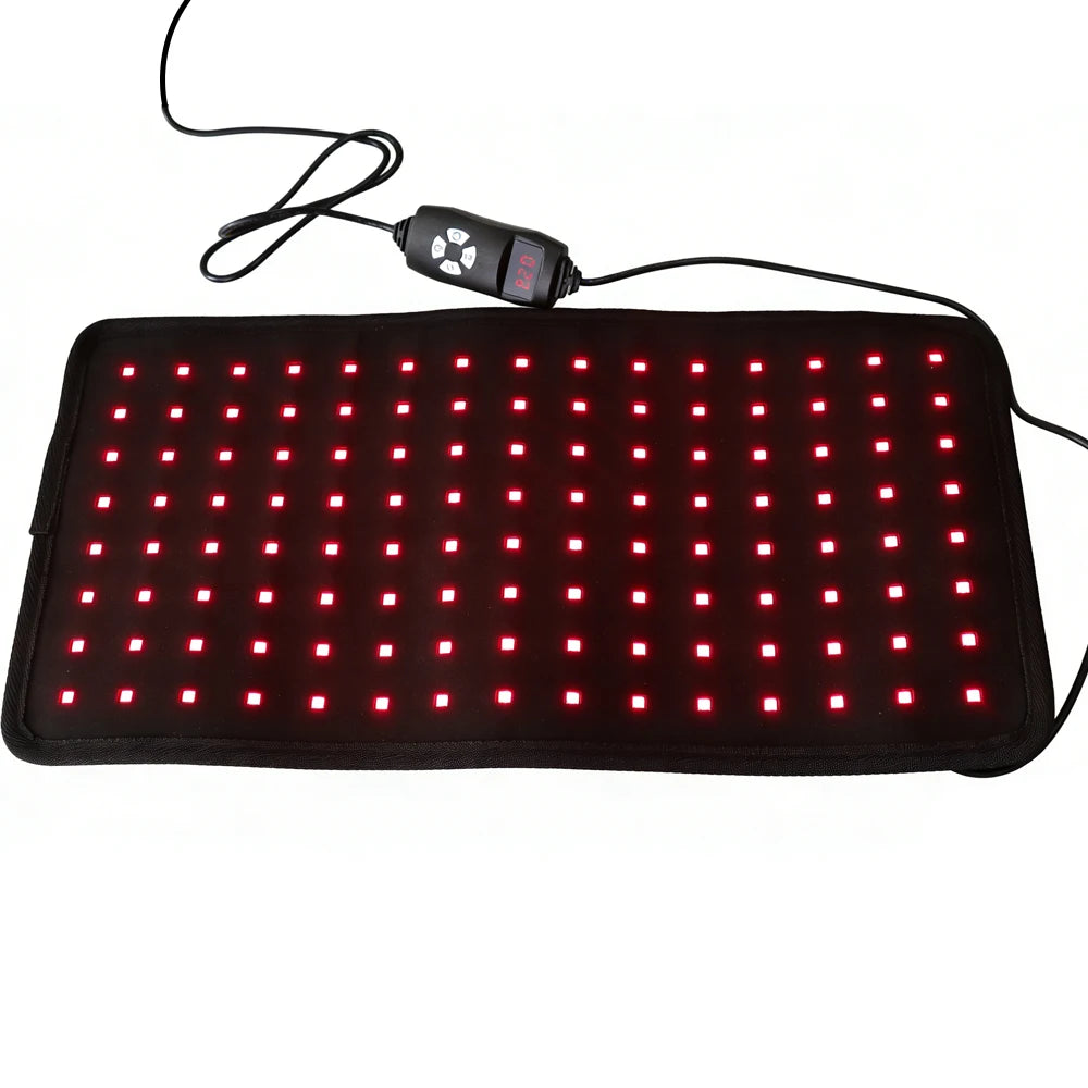 Black red light therapy waist belt with 120 LEDs, controller for back pain relief, weight loss, and body shaping.