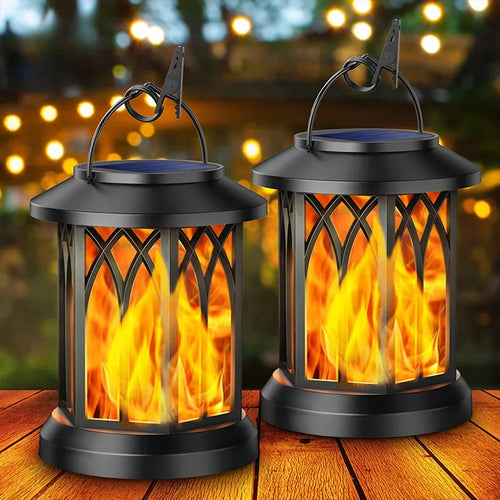 Black solar flame lantern set, hanging top, lattice sides, glowing flicker flame effect.
