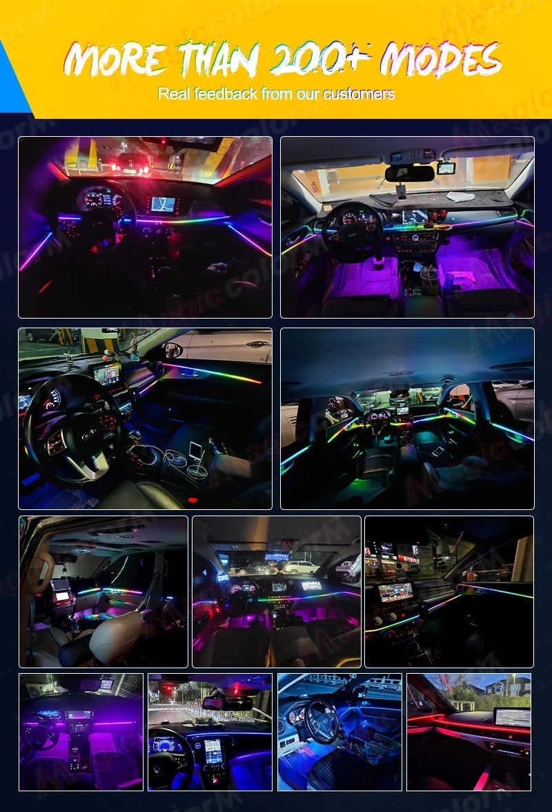 Multi-colored LED ambient strip lighting installed along car dashboards and interior panels for customizable lighting.
