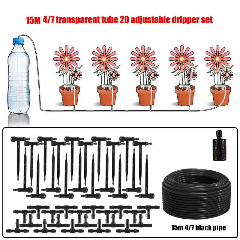 Adjustable drip irrigation kit with black tubing, emitters and coil, 15m 4/7 hose