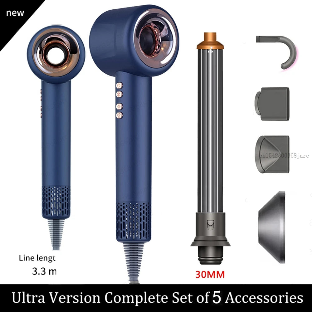 Blue leafless negative ion hair dryer with 5 styling attachments and 3.3m cord for professional hair care.