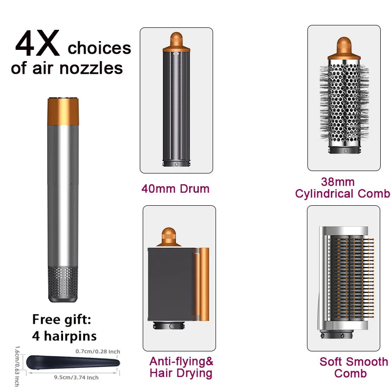 SenCiciMen 6-in-1 hair styler set with 4 gold-accented styling attachments, drying nozzle, and bonus hair clips.