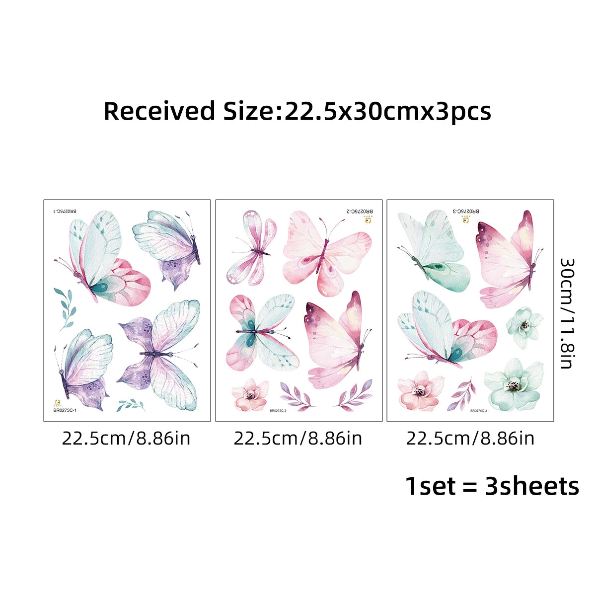 3 sticker sheets of watercolor butterflies and flowers, multicolor pastel designs
