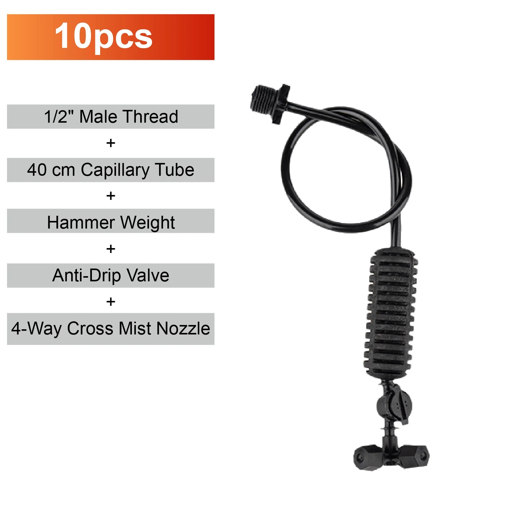 Hanging misting micro sprinkler nozzle with black capillary tube and 4-way cross outlet
