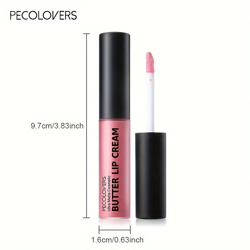 Pecolovers moisturizing butter lip cream liquid lipstick in a soft nude pink shade with applicator wand.
