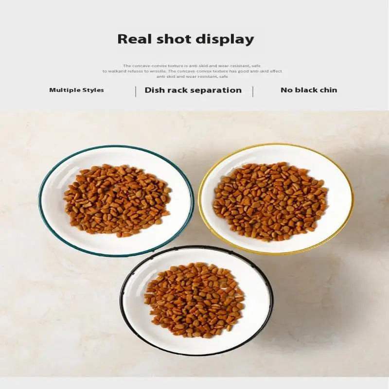 Elevated ceramic cat and dog bowls with anti-skid design for clean, comfortable feeding and no black chin.
