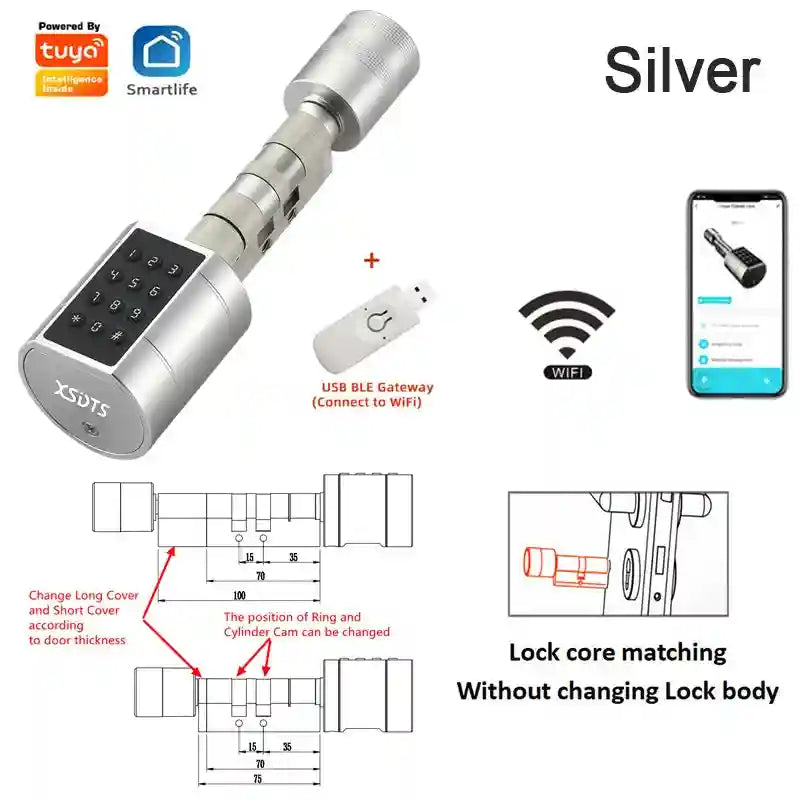 Fingerprint Door Lock: Smart Keyless Entry & App-Controlled Security Silver and Gateway Suitable 35-100mm Tidesmit