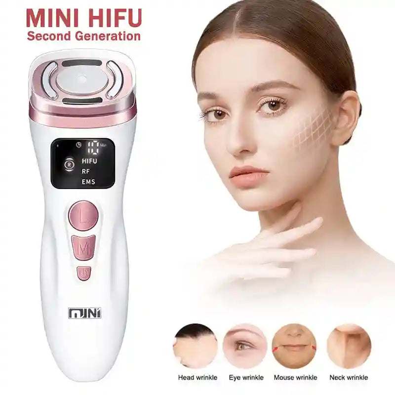 A white and rose gold portable facial device with an LED display, shown alongside a model and wrinkle treatment icons.