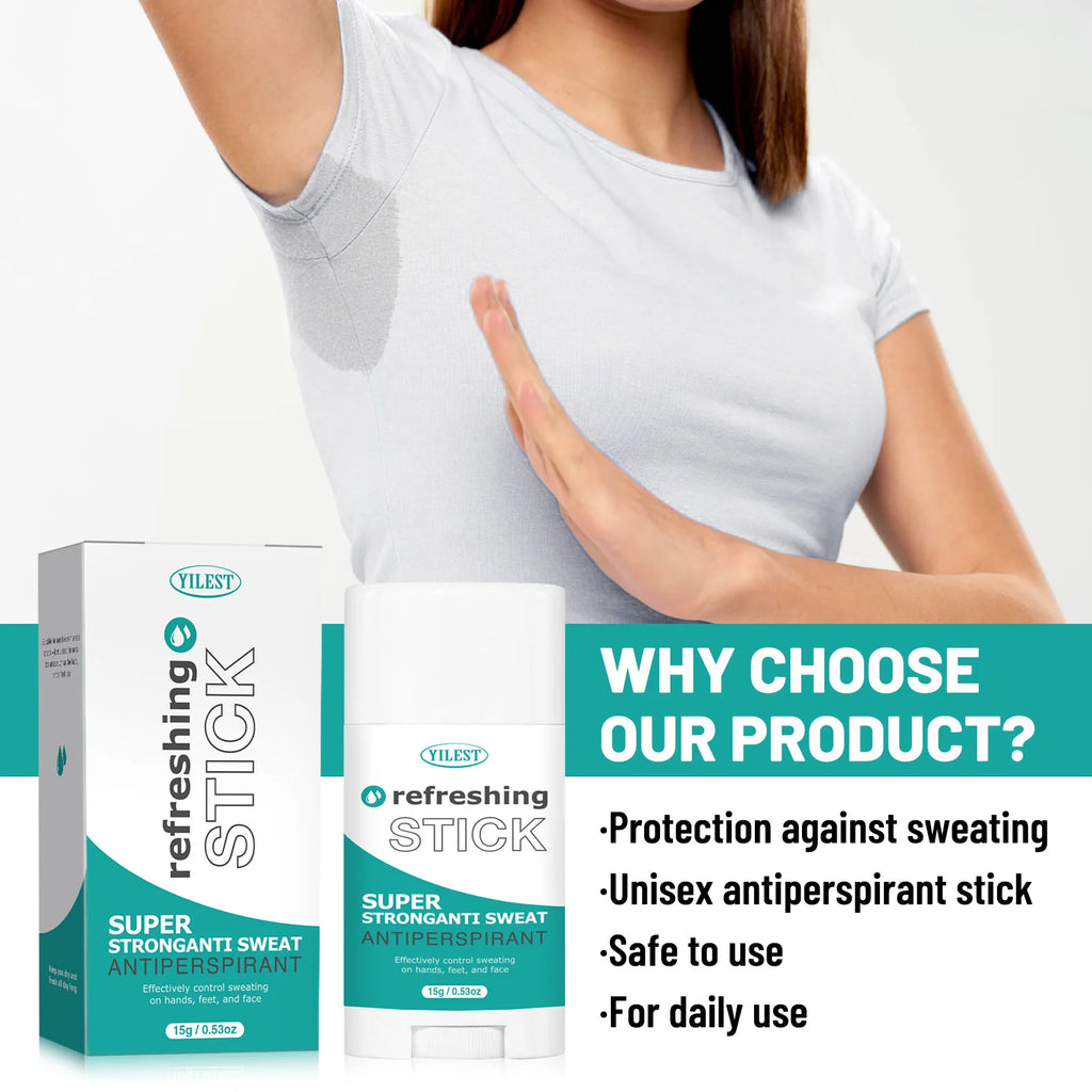 YILEST white and teal anti-sweat stick container next to product box, preventing underarm sweat for 48-hour dryness.