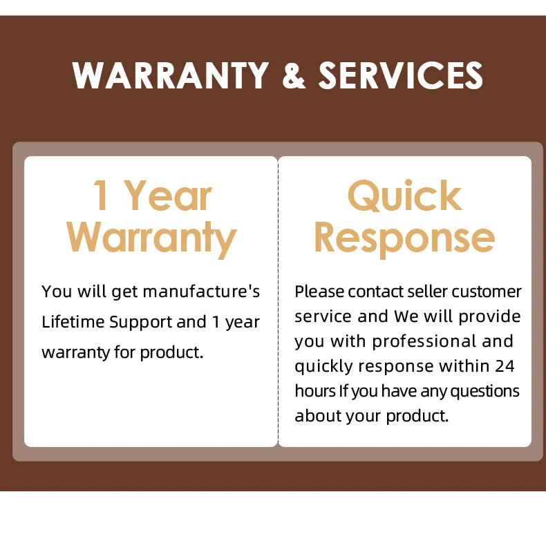 Infographic showing 1 year warranty and quick customer service support for coffee or tea maker product.