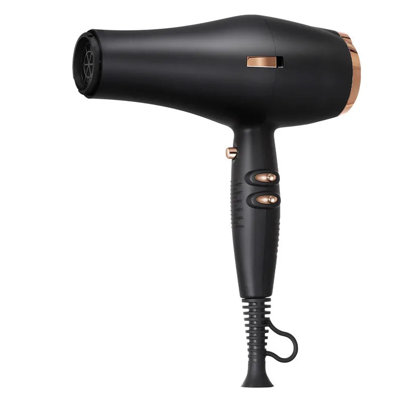 Matte black 2400W high-speed professional salon hair dryer with rose gold accents and ergonomic control buttons.