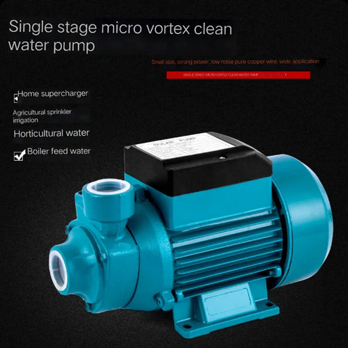 Blue single-stage micro vortex water pump with black controller and side inlet/outlet ports.