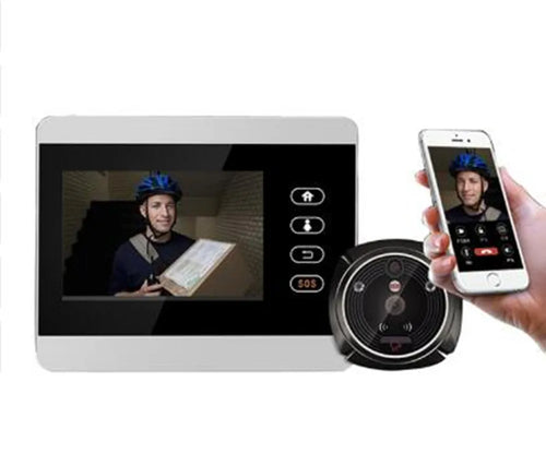 WiFi doorbell camera kit with indoor monitor, round camera, and smartphone app view