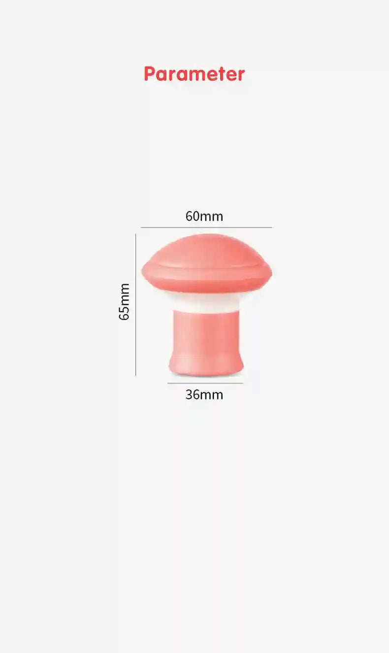 Pink, mushroom-shaped silicone face exerciser with labeled dimensions of 60mm width and 65mm height.