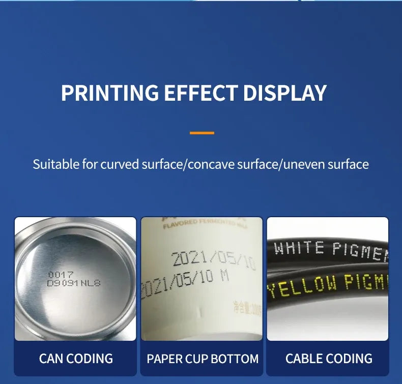 Printing effect display for inkjet coding on curved, concave, and uneven surfaces