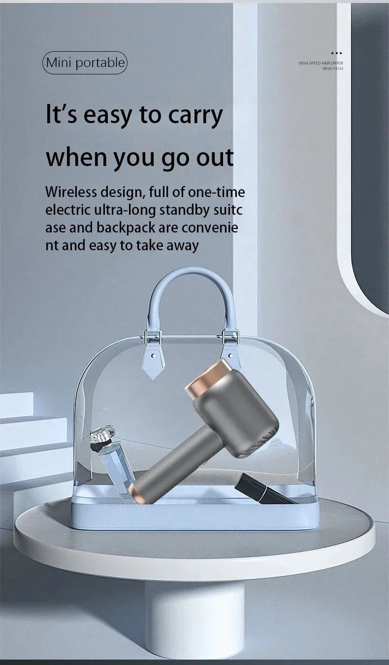 Portable grey and rose gold wireless hair dryer in a clear travel bag, perfect for quick-dry salon results on the go.