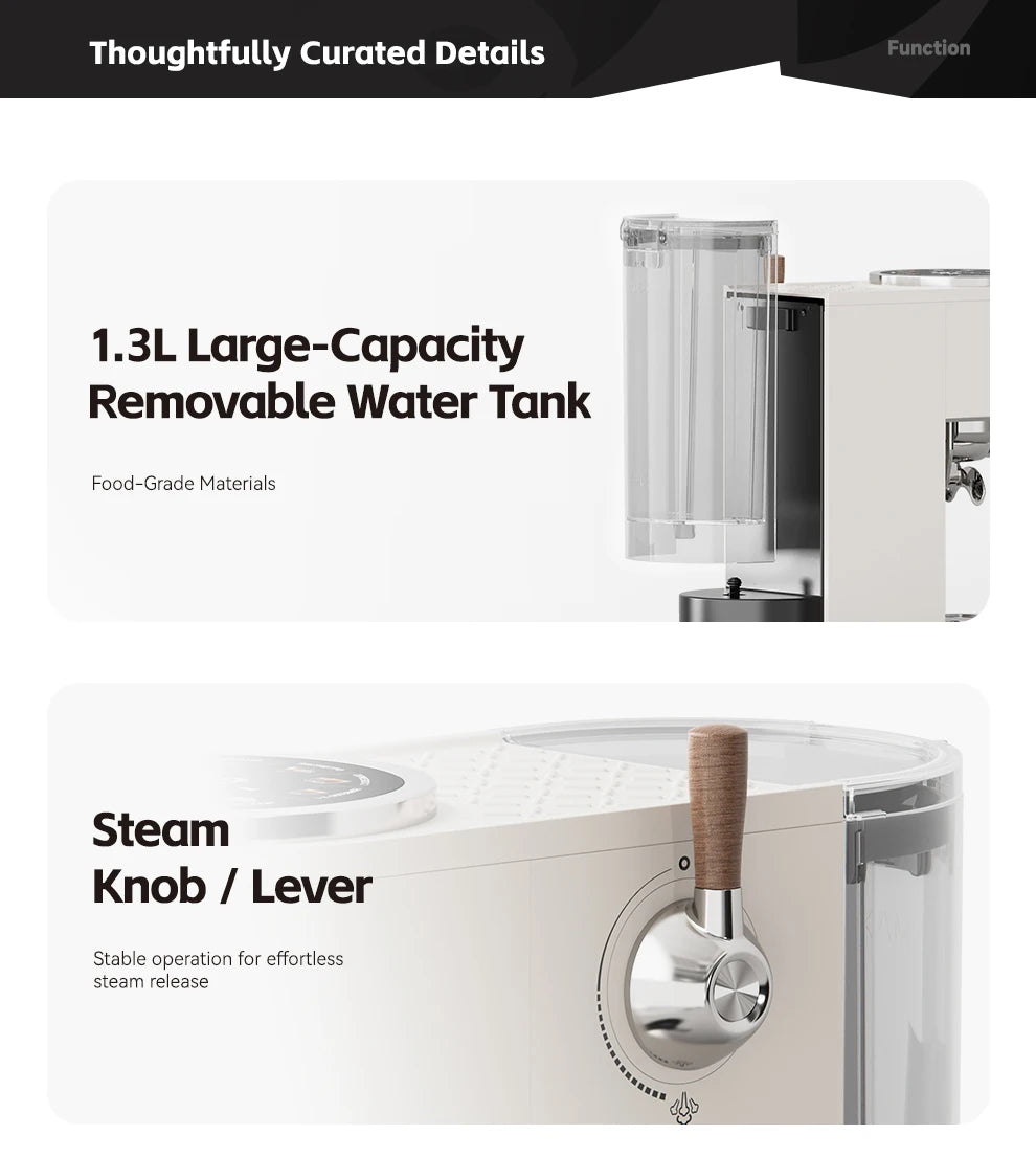 Cream-colored espresso machine with 1.3L removable water tank and wood-accented steam control lever.
