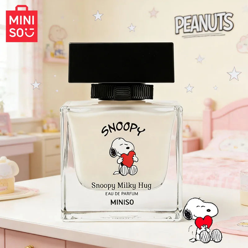 Miniso x Snoopy Milky Hug EDP: A floral luxury perfume for women in a sleek square glass bottle with a black cap. 50ml.