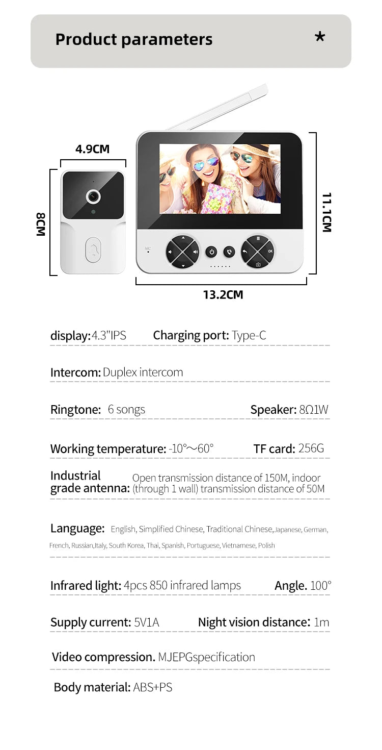 4.3 "visual electronic doorbell 100-degree wide-angle ultra-long standby infrared night vision intelligent cat eye monitoring