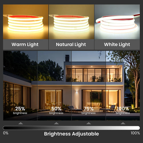 COB LED strip light showing warm, natural, and white light brightness levels