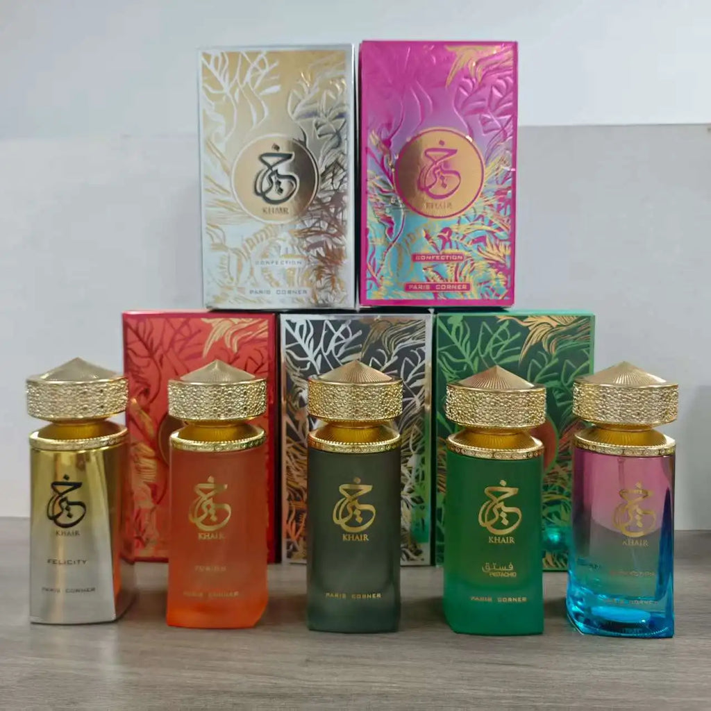 Paris Corner Khair EDP collection: luxurious cylindrical bottles with gold caps. Women’s perfume set, 3.4 oz fragrances.