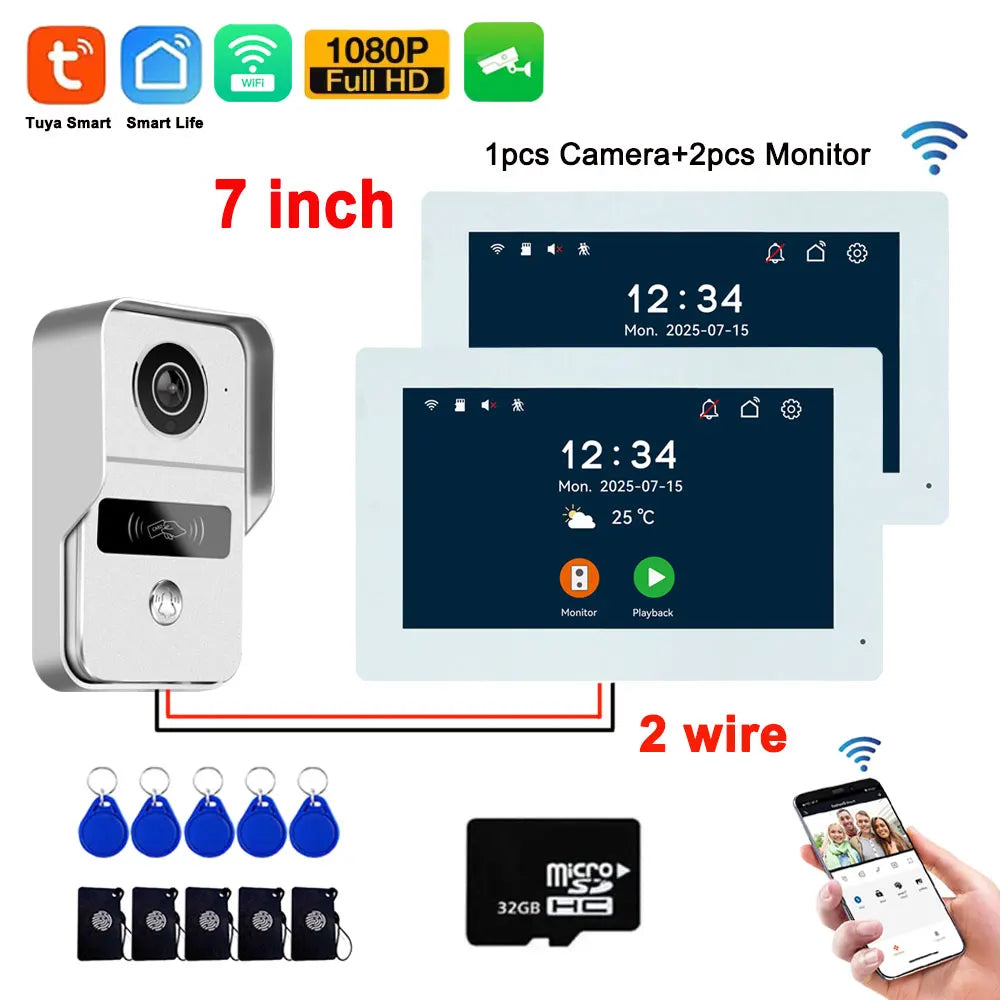 7-inch video intercom kit with white camera, monitor screens, and 2-wire connection
