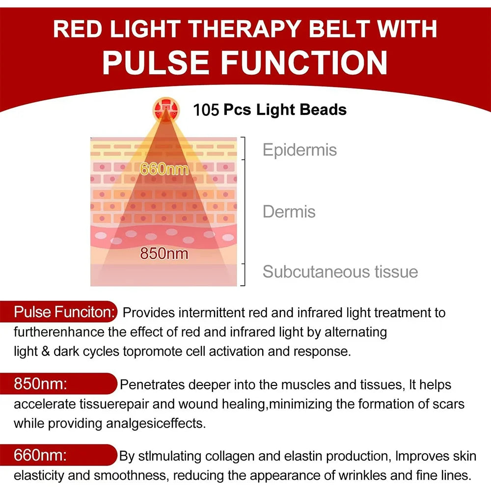 Red ＆Infrared LED Light Therapy Belt 850nm 660nm Back Pain Relief Wrap Burn Fat Wrap Slimming Machine Waist Heat Pad Full Body