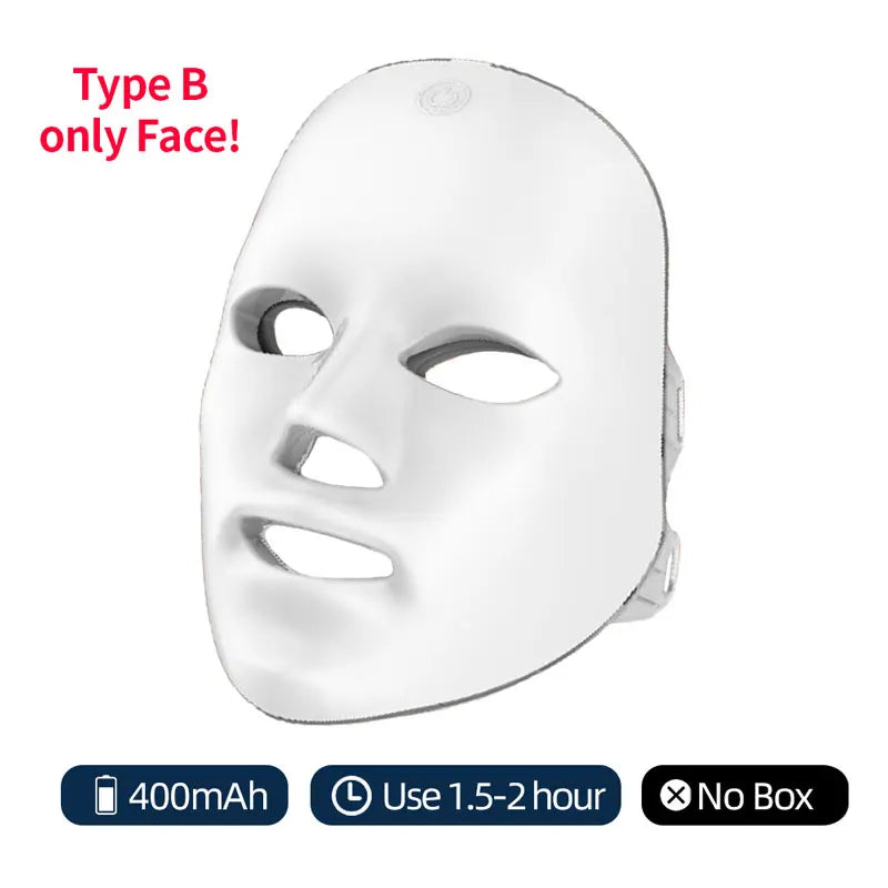 White wireless LED facial beauty mask for skin rejuvenation. Includes indicators for 400mAh battery and no box.