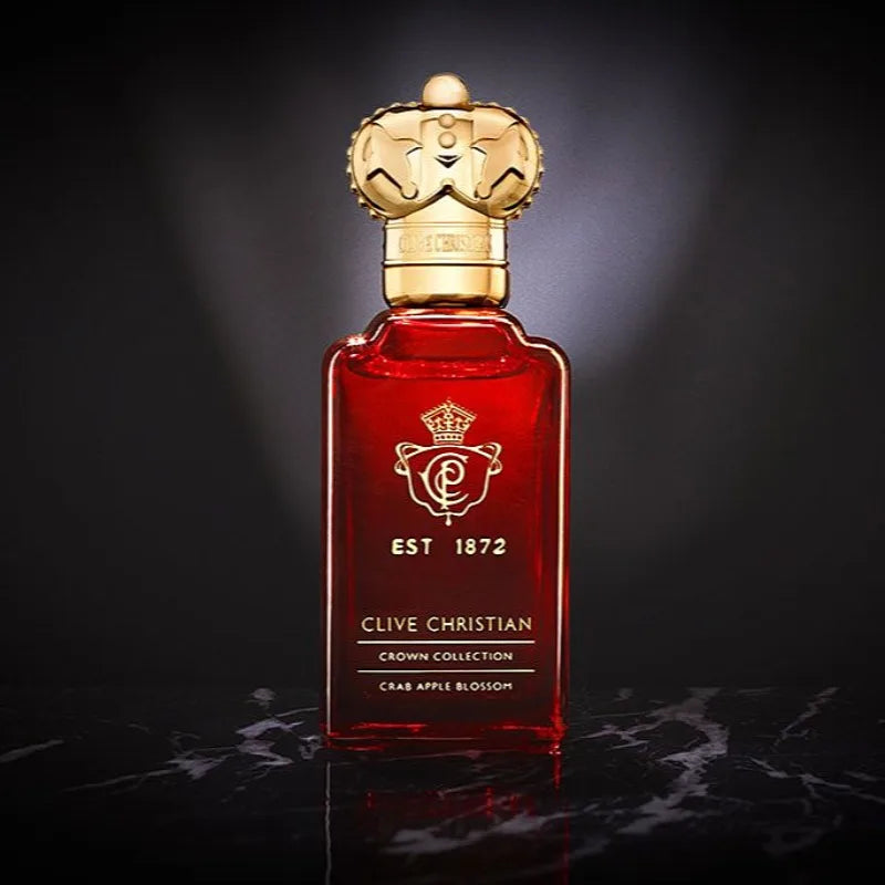Clive Christian Crab Apple Blossom unisex EDP: red glass bottle, crown cap, woody amber tobacco floral scent, 50ml.