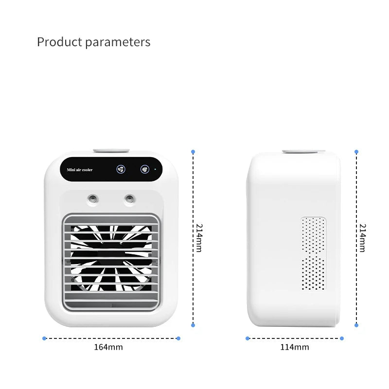 Tidesmit portable USB desktop air cooler with water tank and 1800mAh battery, side view showing cooling features