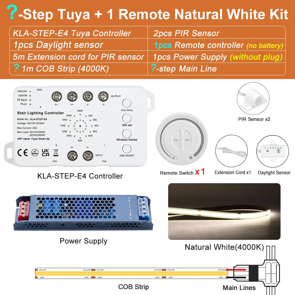 Tuya staircase LED strip kit with controller, 2 PIR sensors, 1 remote, natural white lighting